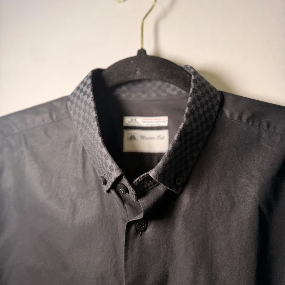 Master Cut Thomas Mason Shirt Mens XL Black Italian Fabric Checkered Trim Luxury